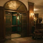 Vintage elevator with a brass floor dial pointing high, reflecting the Tower Bet review