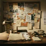 Corkboard of pinned papers above a case folder, illustrating the Velobet review