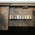 Eleven blank ingots graded from copper to gold on a workshop bench, illustrating the Yeet review